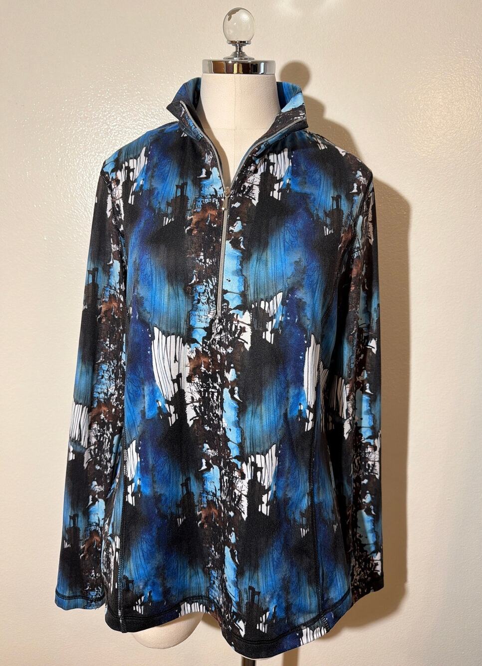 SnoSkins Women Abstract Print Quarter Zip Long Sleeve Top Blue & Black XL